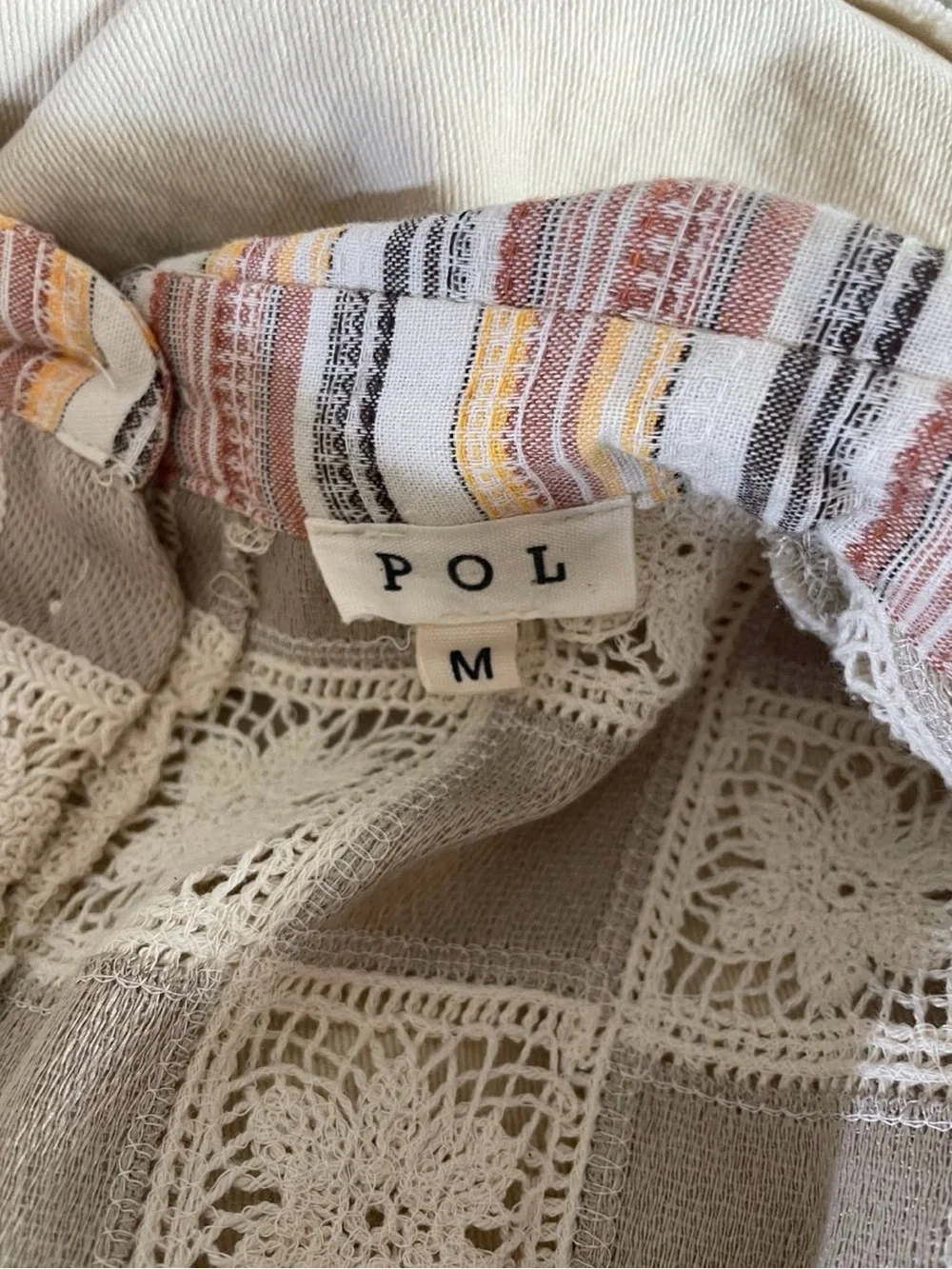 POL Patchwork Lace Trucker Jacket in Beige with Pastel Stripes